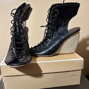 Black tie up booties with espadrille heels NEVER WORN